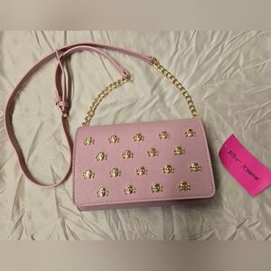 Betsey Johnson Pink Crossbody Bag with Gold Skull Accents